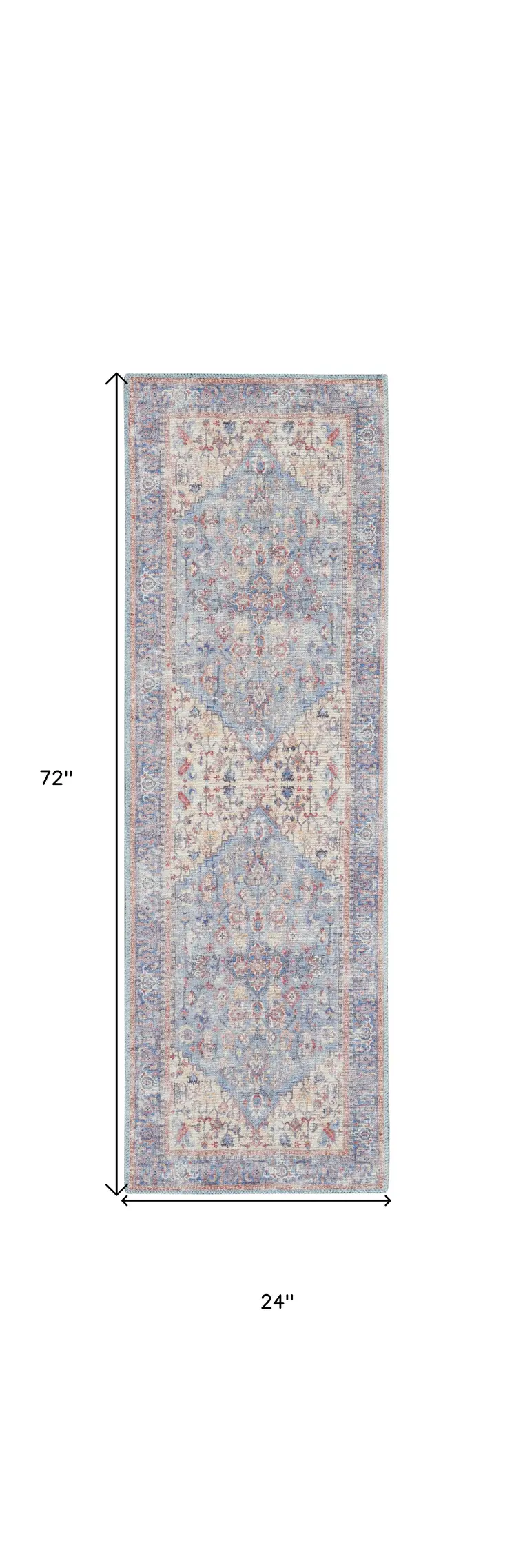 6' Blue Orange And Red Oriental Distressed Washable Runner Rug