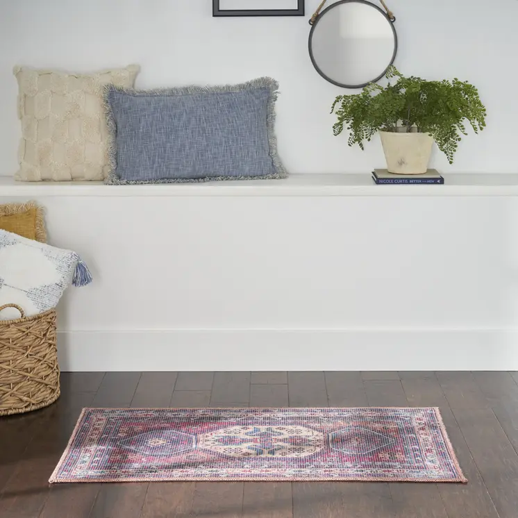 2' X 4' Red And Navy Oriental Power Loom Distressed Washable Area Rug