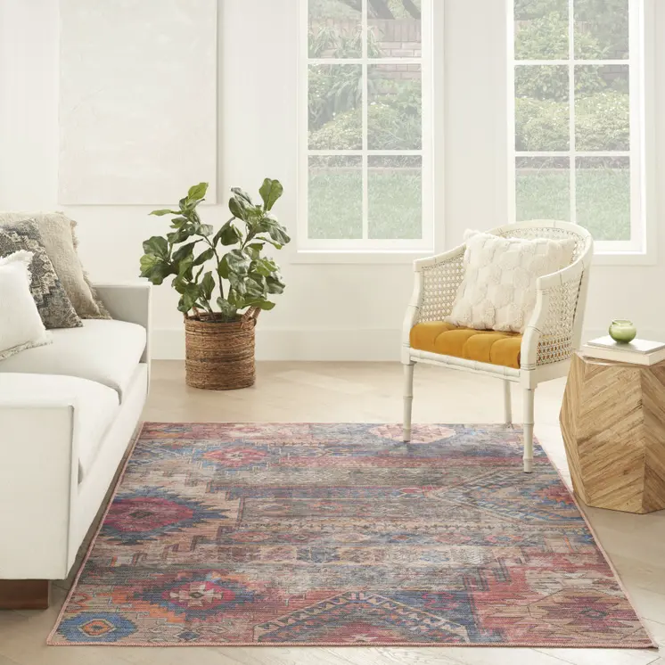 5' X 7' Multicolor Southwestern Power Loom Distressed Washable Area Rug