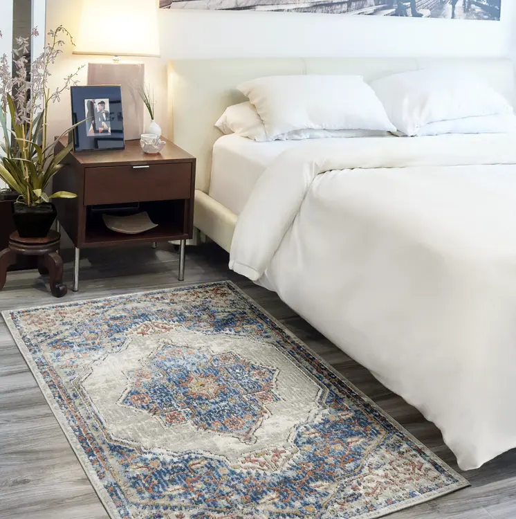 3' X 5' Blue And Grey Oriental Power Loom Non Skid Area Rug