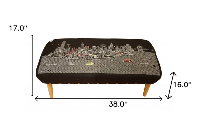 38" Gray Wool and Brown Ottoman