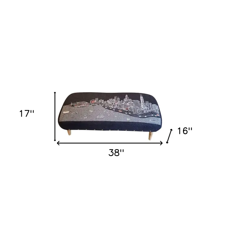 38" Gray Wool and Brown Ottoman