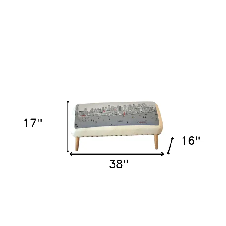 38" Cream Wool and Brown Ottoman