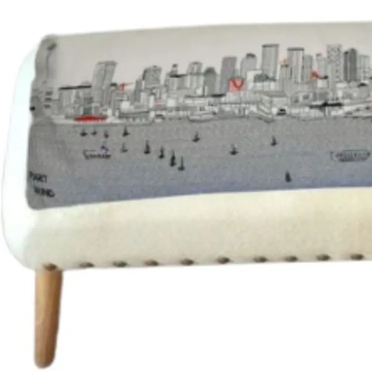 38" Cream Wool and Brown Ottoman