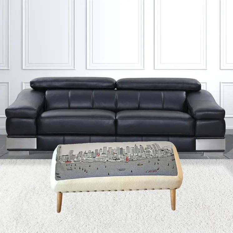 38" Cream Wool and Brown Ottoman
