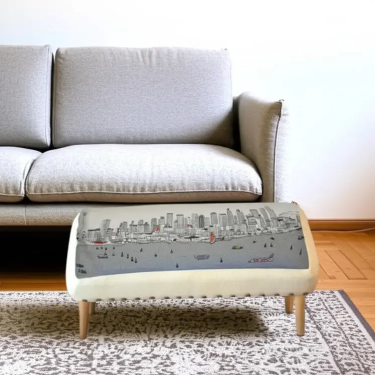 38" Cream Wool and Brown Ottoman