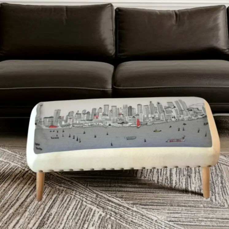 38" Cream Wool and Brown Ottoman