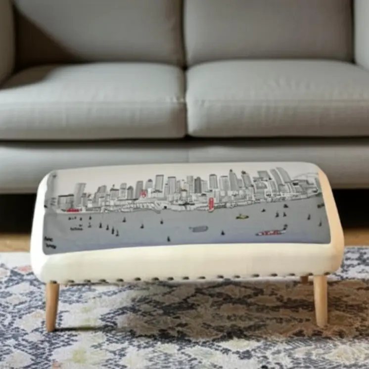 38" Cream Wool and Brown Ottoman