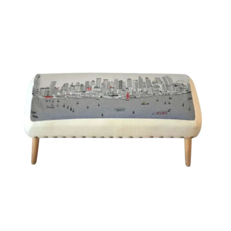 38" Cream Wool and Brown Ottoman