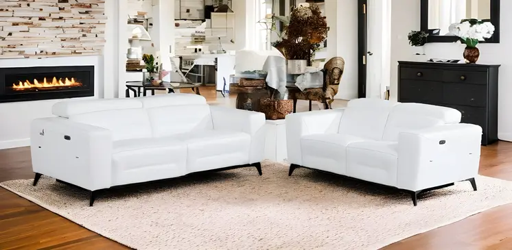 Two Piece White Italian Leather Five Person Seating Set