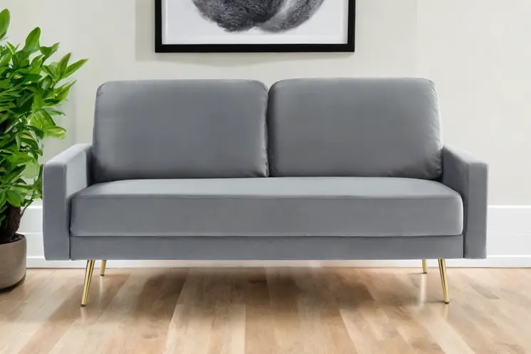 72" Gray Velvet Sofa With Brass Legs
