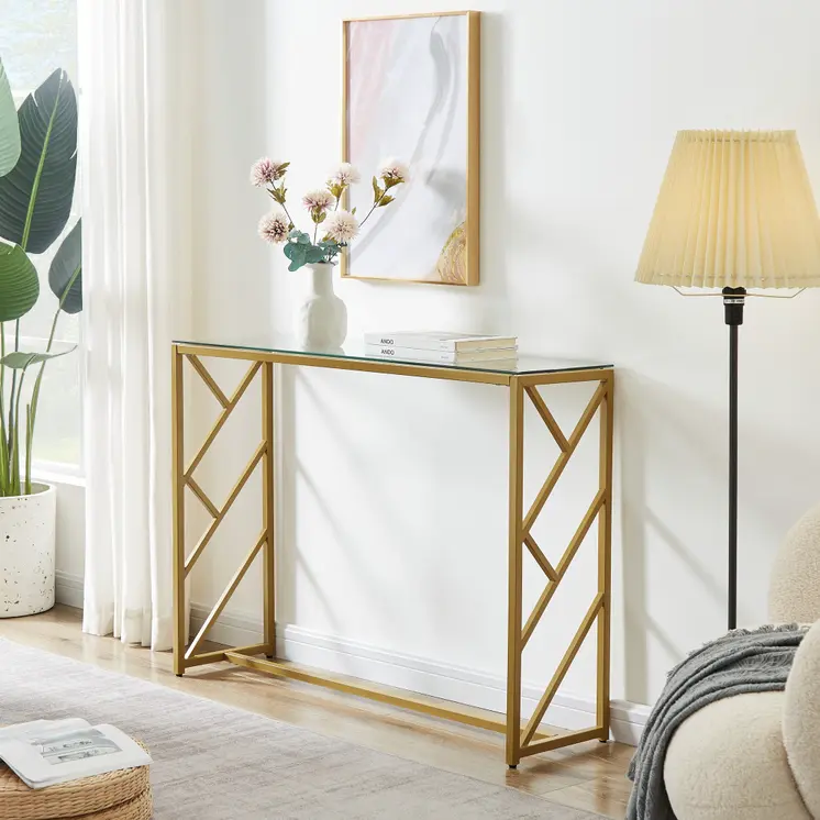 42" Clear and Gold Glass and Steel Frame Console Table