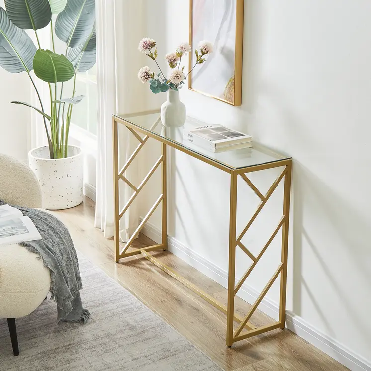42" Clear and Gold Glass and Steel Frame Console Table