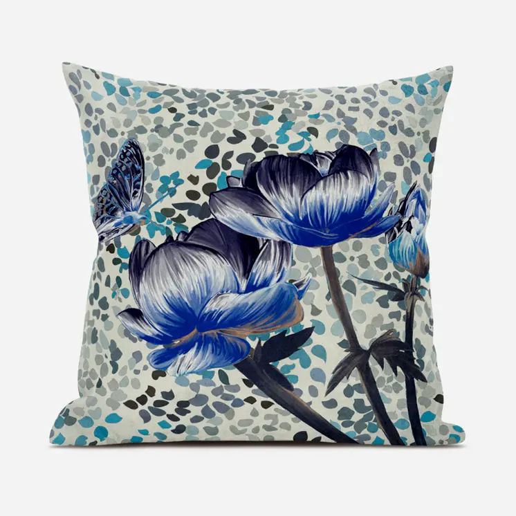 18" X 18" Blue and Green Butterfly Broadcloth Floral Zippered Pillow