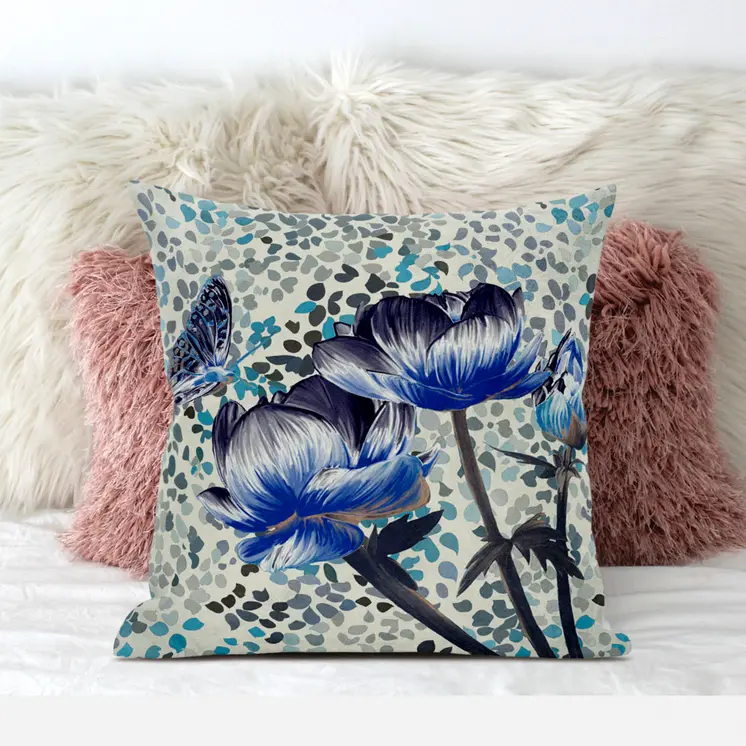 18" X 18" Blue and Green Butterfly Broadcloth Floral Zippered Pillow