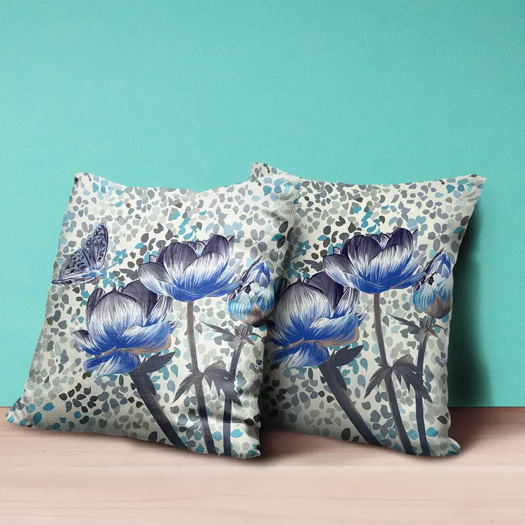 18" X 18" Blue and Green Butterfly Broadcloth Floral Zippered Pillow