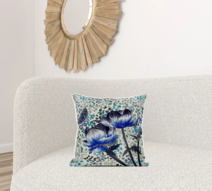 18" X 18" Blue and Green Butterfly Broadcloth Floral Zippered Pillow