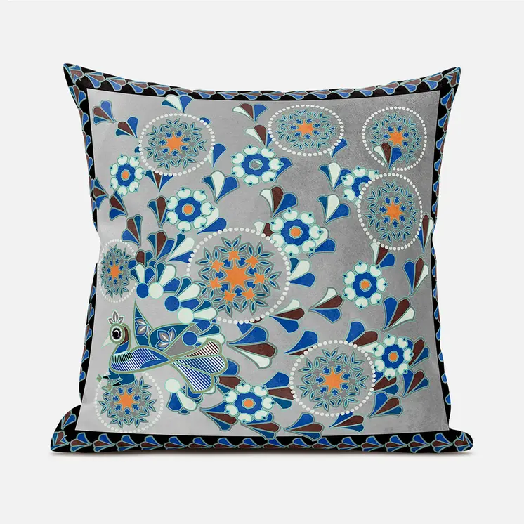 20" X 20" Gray and Black Peacock Broadcloth Floral Zippered Pillow