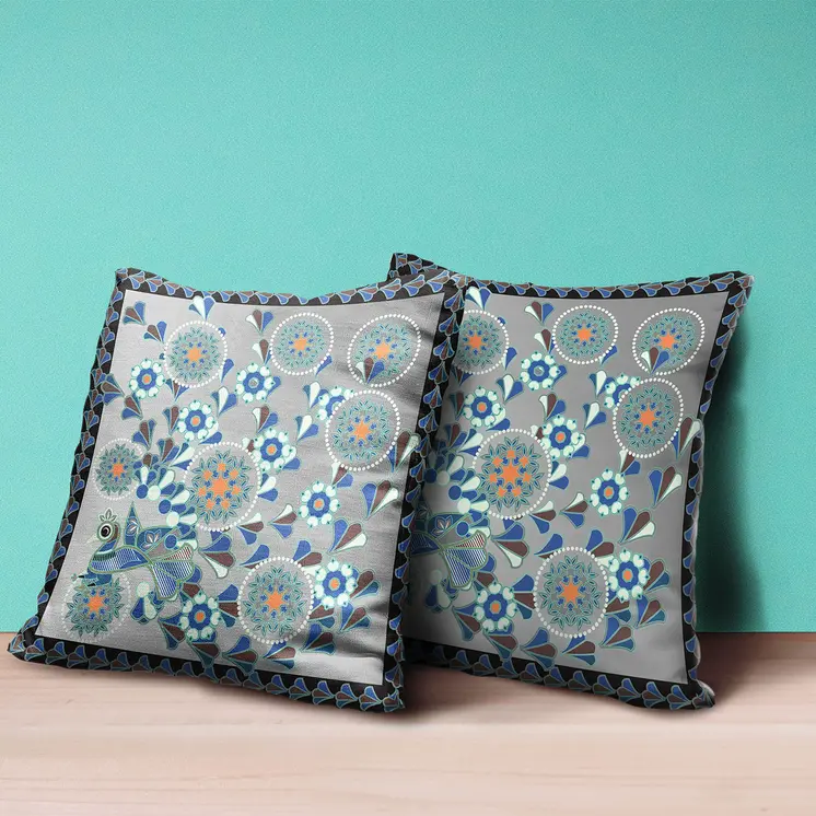 20" X 20" Gray and Black Peacock Broadcloth Floral Zippered Pillow