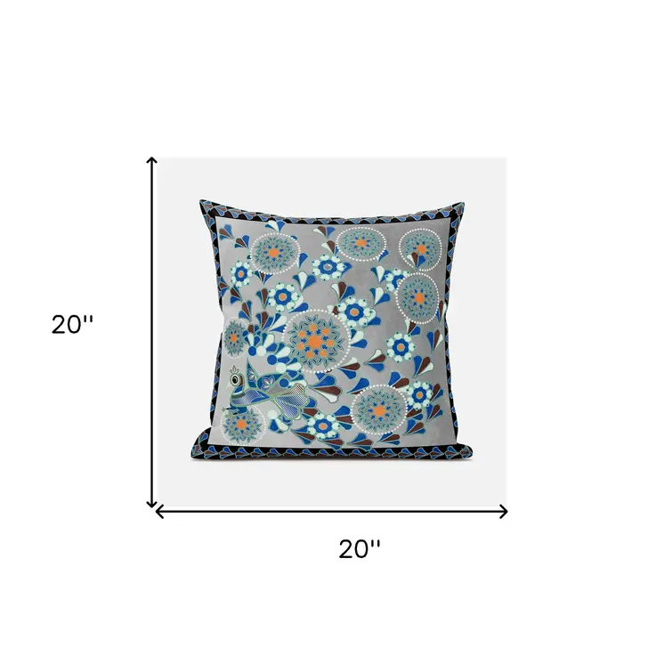 20" X 20" Gray and Black Peacock Broadcloth Floral Zippered Pillow