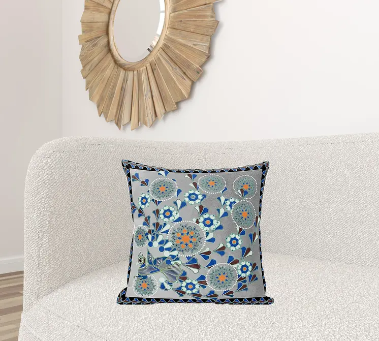 20" X 20" Gray and Black Peacock Broadcloth Floral Zippered Pillow