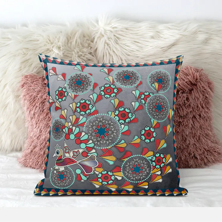 16" X 16" Blue and Gray Peacock Broadcloth Floral Zippered Pillow