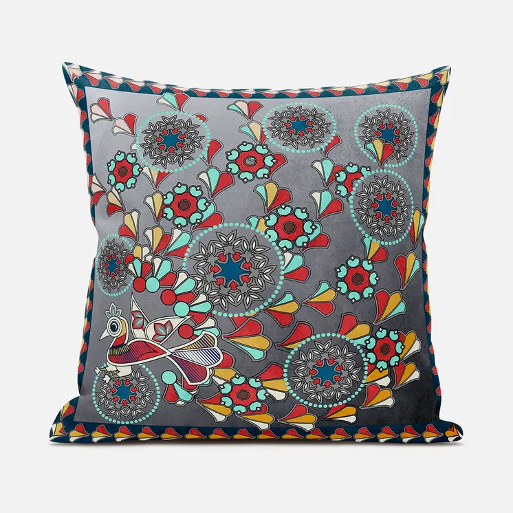 16" X 16" Blue and Gray Peacock Broadcloth Floral Zippered Pillow