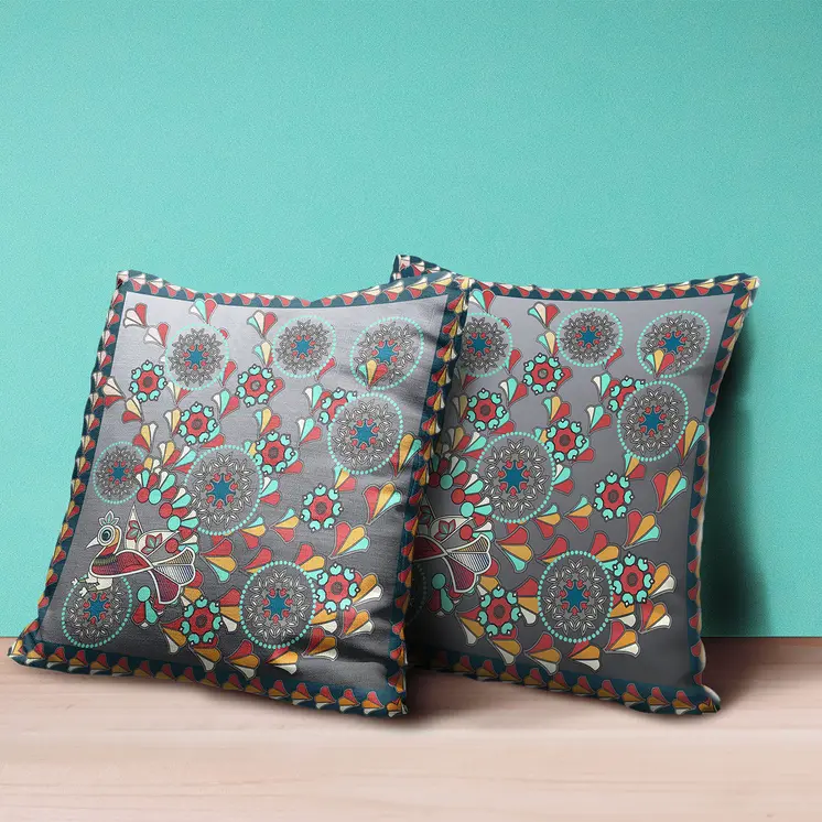 16" X 16" Blue and Gray Peacock Broadcloth Floral Zippered Pillow