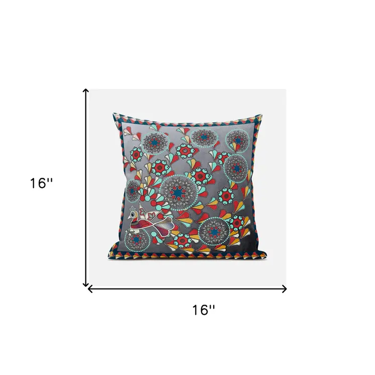 16" X 16" Blue and Gray Peacock Broadcloth Floral Zippered Pillow