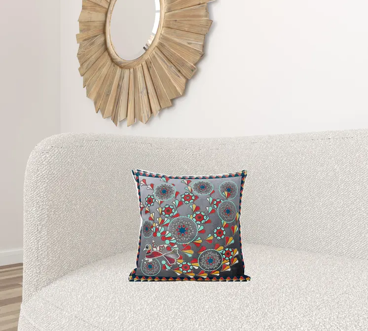 16" X 16" Blue and Gray Peacock Broadcloth Floral Zippered Pillow