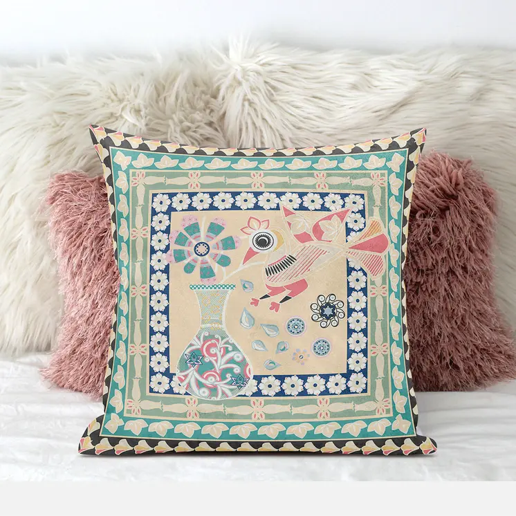 16" X 16" Pink and Green Peacock Broadcloth Floral Zippered Pillow