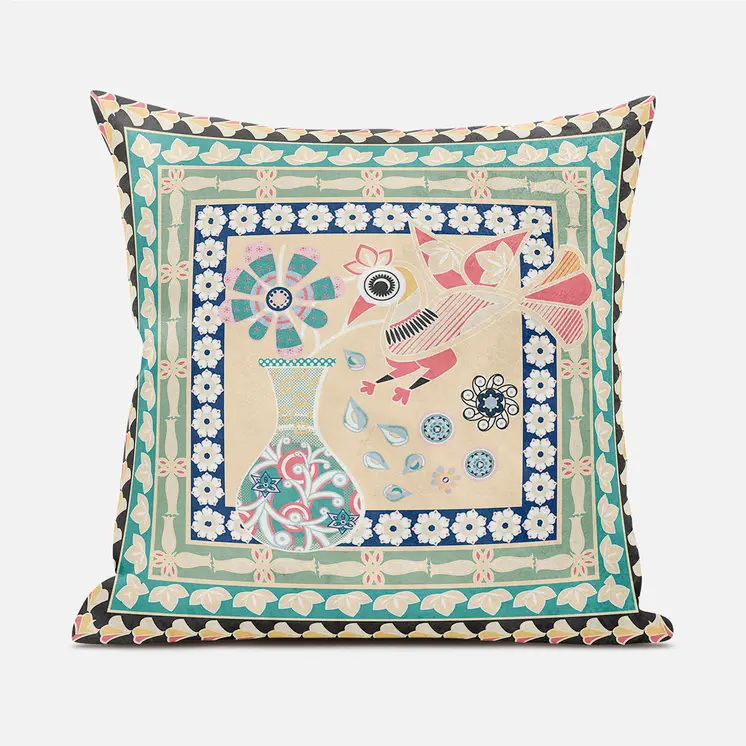 16" X 16" Pink and Green Peacock Broadcloth Floral Zippered Pillow