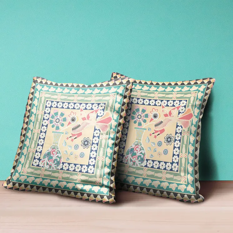 16" X 16" Pink and Green Peacock Broadcloth Floral Zippered Pillow