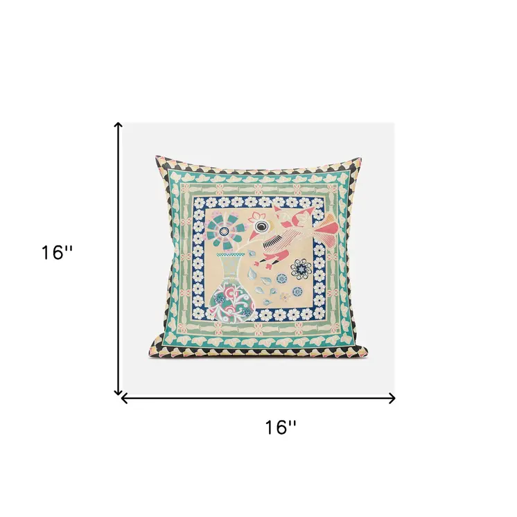 16" X 16" Pink and Green Peacock Broadcloth Floral Zippered Pillow