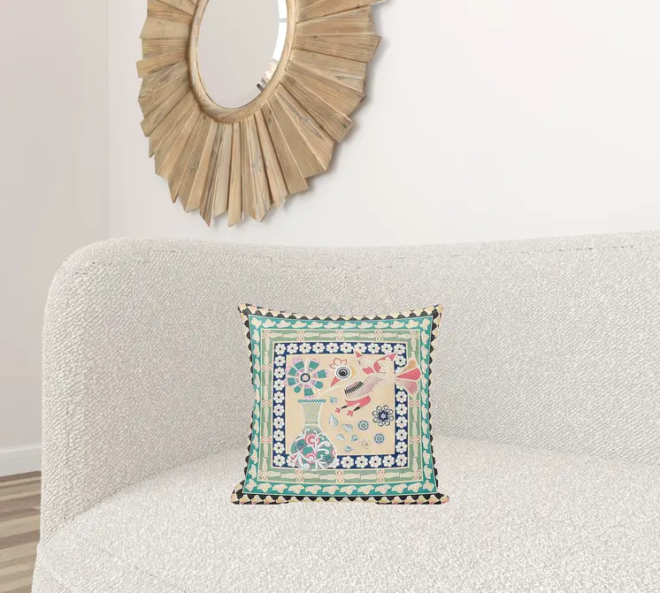 16" X 16" Pink and Green Peacock Broadcloth Floral Zippered Pillow