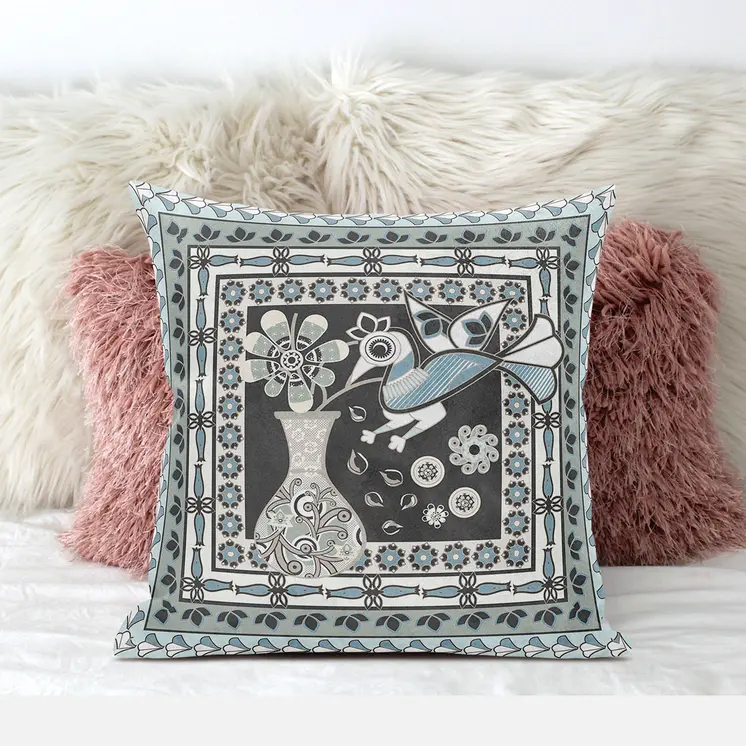 18" X 18" Black and Blue Peacock Broadcloth Floral Zippered Pillow