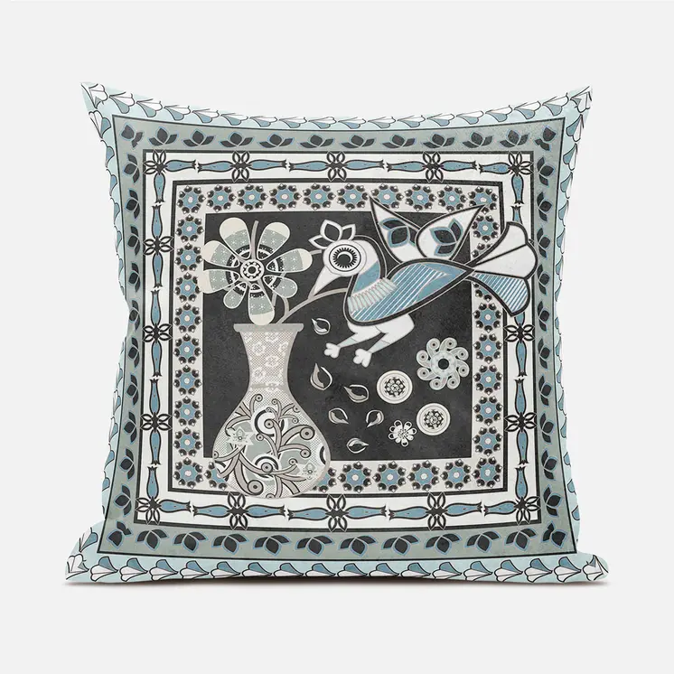 18" X 18" Black and Blue Peacock Broadcloth Floral Zippered Pillow