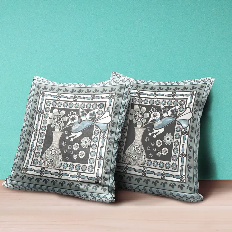 18" X 18" Black and Blue Peacock Broadcloth Floral Zippered Pillow
