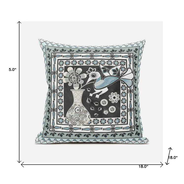 18" X 18" Black and Blue Peacock Broadcloth Floral Zippered Pillow