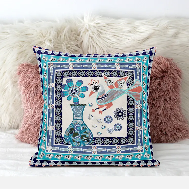 20" X 20" Blue and Off White Peacock Broadcloth Floral Zippered Pillow