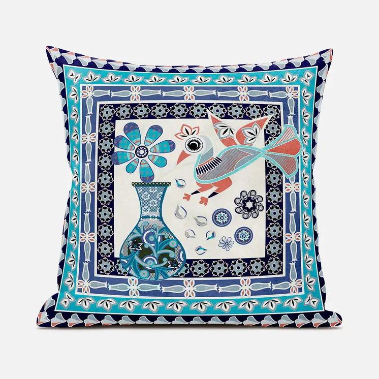 20" X 20" Blue and Off White Peacock Broadcloth Floral Zippered Pillow