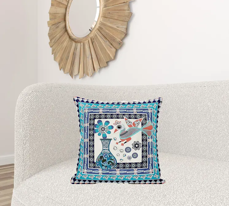 20" X 20" Blue and Off White Peacock Broadcloth Floral Zippered Pillow