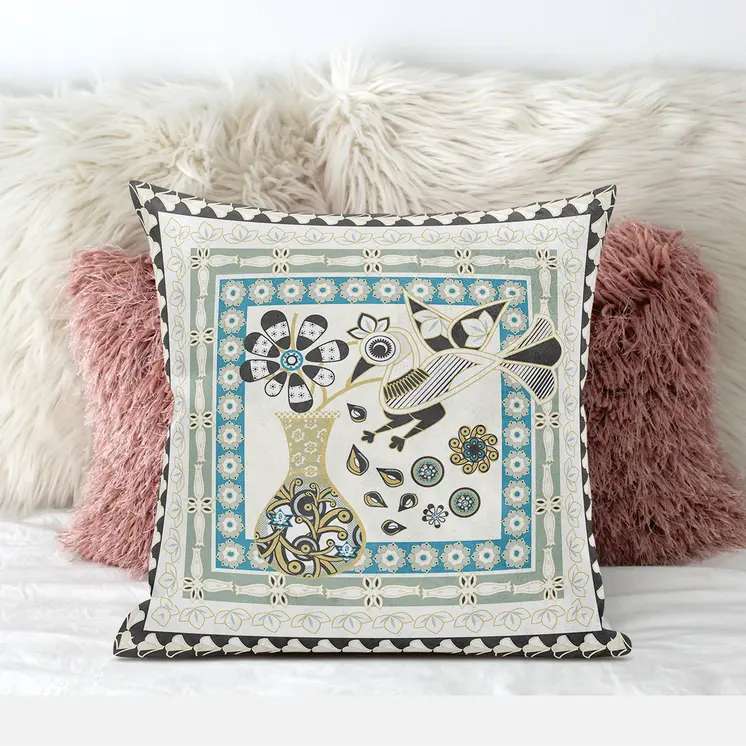 18" X 18" Blue and Yellow Peacock Broadcloth Floral Zippered Pillow