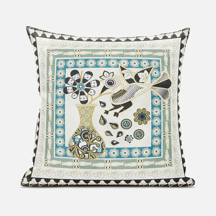 18" X 18" Blue and Yellow Peacock Broadcloth Floral Zippered Pillow