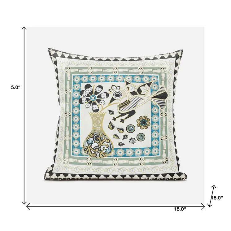 18" X 18" Blue and Yellow Peacock Broadcloth Floral Zippered Pillow