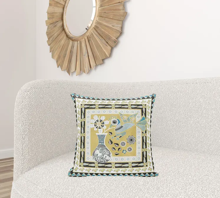 20" X 20" Beige and White Peacock Broadcloth Floral Zippered Pillow