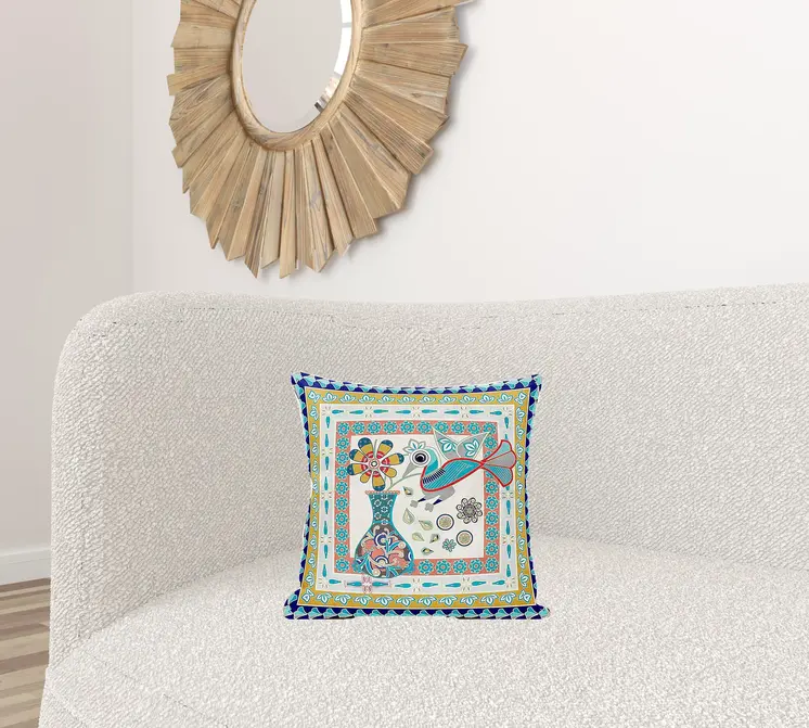 16" X 16" Blue and Gold Peacock Broadcloth Floral Zippered Pillow