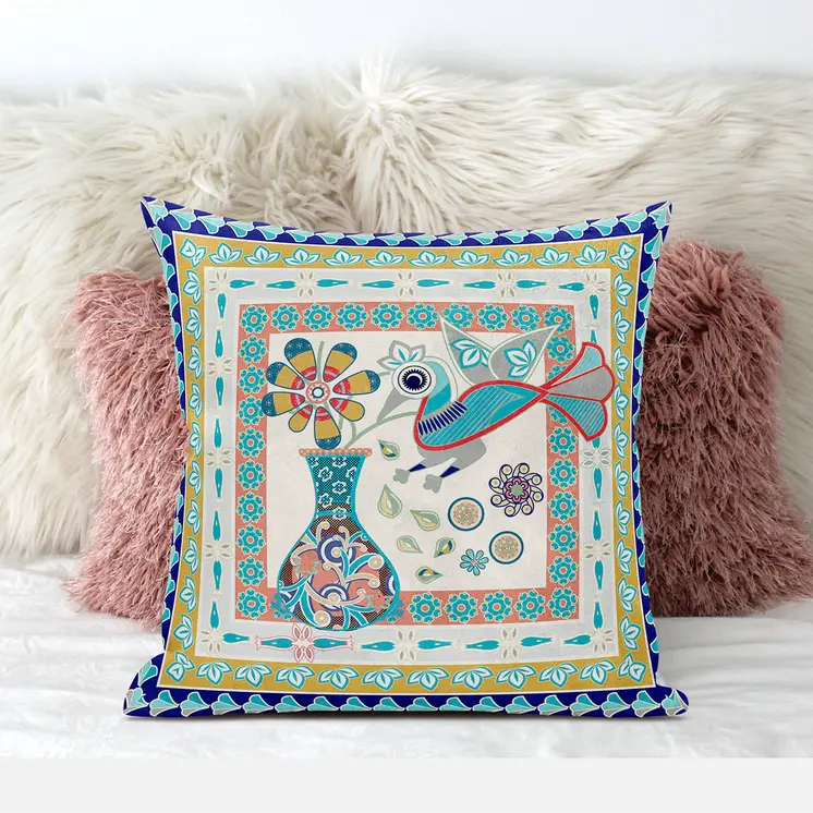 20" X 20" Blue and Gold Peacock Broadcloth Floral Zippered Pillow
