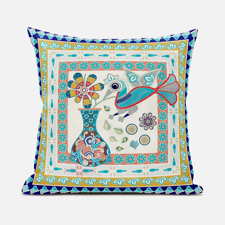 20" X 20" Blue and Gold Peacock Broadcloth Floral Zippered Pillow
