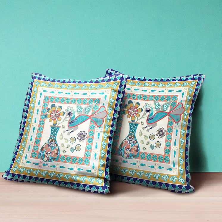 20" X 20" Blue and Gold Peacock Broadcloth Floral Zippered Pillow